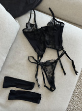 Sexy Lingerie Setr schwarz mit Perle Sting + Straps-Corsage Spitze 4 Teile Gr S