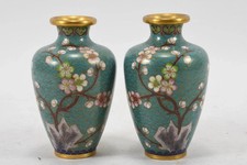 Paar Cloisonné Vasen Japan um 1950, türkis, Pflaumenblüte, 11cm Mid-Century ;)
