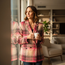 Comma Blazer – Gr. 38 – Schwarz-Creme-Magenta Karomix - Leger - Doppelreihig