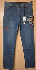 Ed Hardy Jeans Blau Denim Loose Fit Worker Till Death Grafik W30 L32