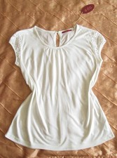 EDC ESPRIT DAMEN KURZARM SHIRT LEINEN WEISS CAPÄRMEL OFF WHITE PRINT XL, 42 NEU