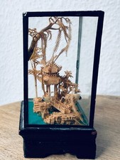 Chinesisches Kork Kunstwerk Pagode Palmen Störche Diorama Miniatur Schnitzerei