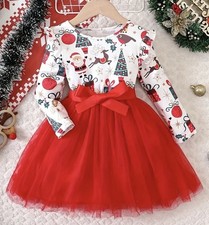 Süßes Weihnachtskleid für Kinder,Roter Tüllrock & Weihnachtsmuster, Gr.104/110