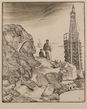 Volker Stelzmann Männer Hafen Leuchtturm Leipziger Schule sign Radierung 1977