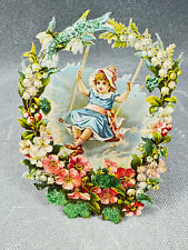 Alter Aufsteller Frühlingsaufsteller Pappe Glitzer Kind auf Schaukel Blumen 16cm