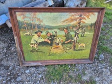 altes Ölbild Öldruck 50er Jahre Jagdszene am Abend Gemälde in  groß 97  x 70 cm