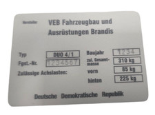 Typenschild für Simson Duo 4/1 Plakette IFA VEB, beschriftet / gestanzt