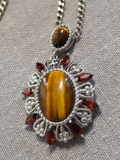 Silber 925 Panzerkette mit großem Anhänger Tigerauge Granate ca. 48 cm