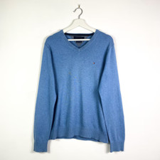 Tommy Hilfiger Strickpullover Gr.S Herren Hellblau V-Ausschnitt Logo Pullover