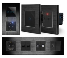 LUXUS-TIME Touch Lichtschalter Steckdose Dimmer Taster USB Alurahmen Schwarz