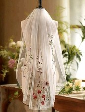 Bestickter Schleier  Tüll-Schal Brautschleier Vintage Boho Stil Blumen 