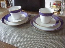 2 Gedecke Rand Blau Gold Bordüre Tasse Teller Untertasse Eschenbach Bavaria 6tlg