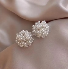 Luxus Damen Ohrstecker Dirndl Tracht Braut Imitat XXL Perlen 14K versilbert #46