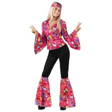 70er Zeitreise Rosa Hippie Kostüm Damen Flower Power Kleidung Slaghose S - 2XL