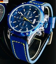 Elite Herren Armband Uhr Chronograph Datum Lederband Silber Blau Gelb Farben