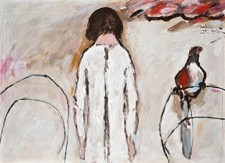 Hans Laabs Mädchen Figur Vogel Kunst Berlin signiert Acryl Leinwand Karton 1978