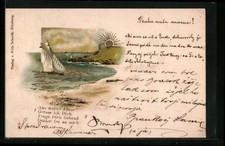 Sonnenschein-AK Sandstrand mit Segelboot 