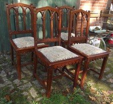 4er Satz Stühle, antik, Neogotik, massiv Eiche, Polster