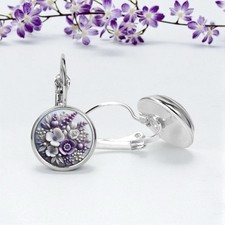 Hängende Ohrringe Ohrhänger Leverback Silber Lila Flieder Blumen Schmuck Frau