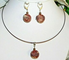 2er Schmuckset Halsreif Halskette Braun Ohrringe Fimo Scheibe braun   466p