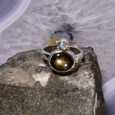 Schwarzer Stern Saphir Ring, 925er Silber, Edelsteinring (21525), mit Mondstein