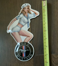 massiv, reklame blechschild, mustang, pin up girl, emailliert, 20x12, dickwandig