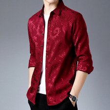 Herren Satin Bedruckt Bluse Hemd Freizeit Formell Blumenmuster Slim Knopf Top