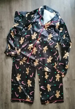 HÜBSCHER SATIN PYJAMA SCHLAFANZUG WEIHNACHTEN schwarz Gr. XL