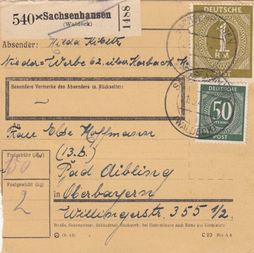 Paketkarte 1947 nieder werbe - nieder,