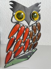 Vintage Eule 1960 er ! Handgearbeitetes Bleiglas mit bunten Steinen, Fensterbild