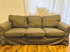 3-SITZER-SOFA Dreier Couch mit Armlehne, Zierkissen, Polstersofa, Leinenoptik