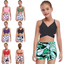 DE 3Pcs Mädchen Bikini Set Einfarbig Tankini mit Shorts Kinder Blumendruck 