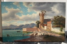 Maler Mitte 19. Jh. Ölbild "Blick auf den Adlerturm in Rüdesheim am Rhein"