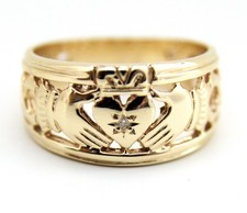 Claddagh-Ring 9 kt Gold Diamant besetzt Herz volles Band UK punziert