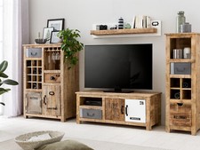 Wohnwand Pune 4tlg Holz Metall Mix rustikal grau Kommode TV-Bank Weinregal Board