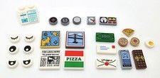 25 Stück LEGO Fliesen mit Print, Augen, Pizza, Handy, Karte, Zeitung, Brief, NEU