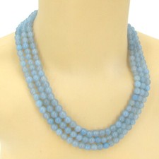 OPERHAUS DESINGER Aquamarin-Halskette Kette DREIREIHIG rund Kugeln 6mm Geschenk
