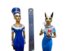 2X blaue 12" Statuen - Ägyptische Königin Nofretete & Göttin Bastet Katze...