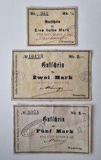 3 Alte Geldscheine / Notgeld : Stadt Wesserling - 1/2 + 2 + 5 Mark um 1920