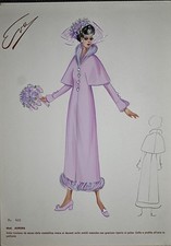 'Eva' elegantes langes pink Mantelkleid Pelzbesatz - Modezeichnung dünner Karton