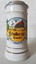 Alter Porzellanbierkrug farbig, Brauerei Bub Leinburg m.beschriftetem Zinndeckel