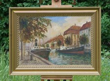 Kanalansicht mit Booten und Häusern – Ölbild auf Leinwand, signiert, mit Rahmen