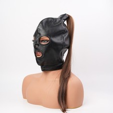 Kopf-Haube mit Gummizug und Halsband PU Leder Maske Karneval DE Roleplay