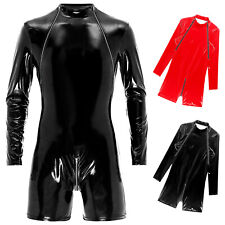 DE Herren Ringer Singlet Reißverschluss Schritt Bodysuit Glänzend-Catsuit Sexy