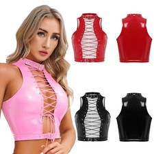 DE Damen Leder Crop Top Wetlook Glänzend  Hollow Out Tank Top Unterhemd Clubwear