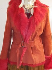 Ziegen langhaar M 38 40 S 36 rot Fell Pelz Jacke Kragen tailliert Gürtel HIT P18