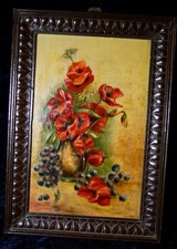 Wunderschönes kleines Ölgemälde Tafelbild Stilleben mit Blumen und Trauben