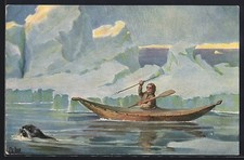 Künstler-AK Christopher Rave: Grönlandboot Kajak, Eskimo bei der Robbenjagd 