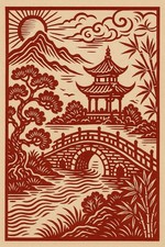 Chinesisch Holzschnitt Landschaft Asiatisch Gemälde Stadt Kunst China Kunstdruck