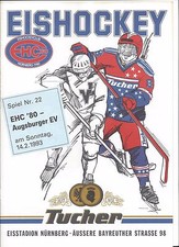 EHC 80 NÜRNBERG - EV AUGSBURG 14.02.1993, 2. Bundesliga Eishockey Programm 92/93